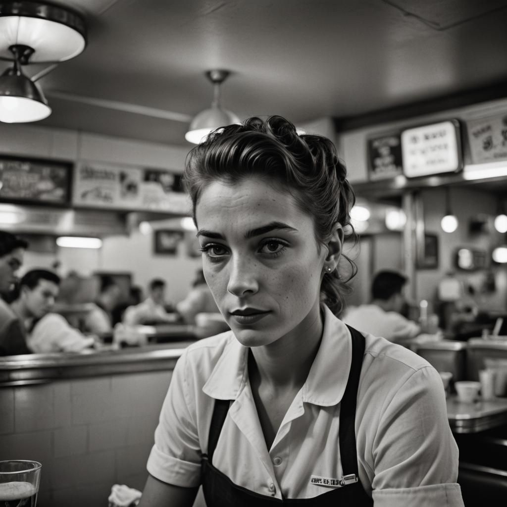 Waitress Taking Break in 1950s Diner Portrait
