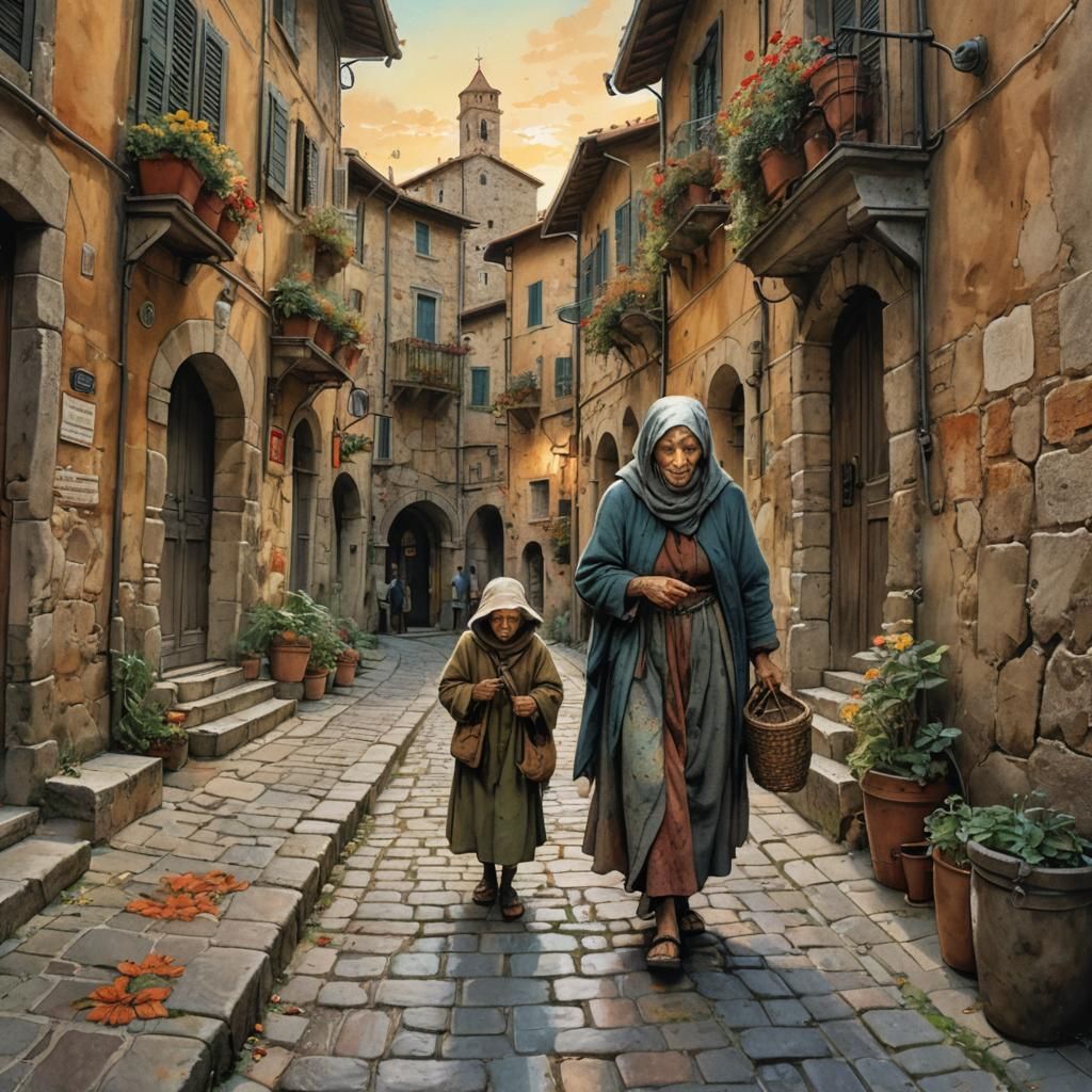 Medieval Tuscany Street Scene in Graphite and Watercolor
