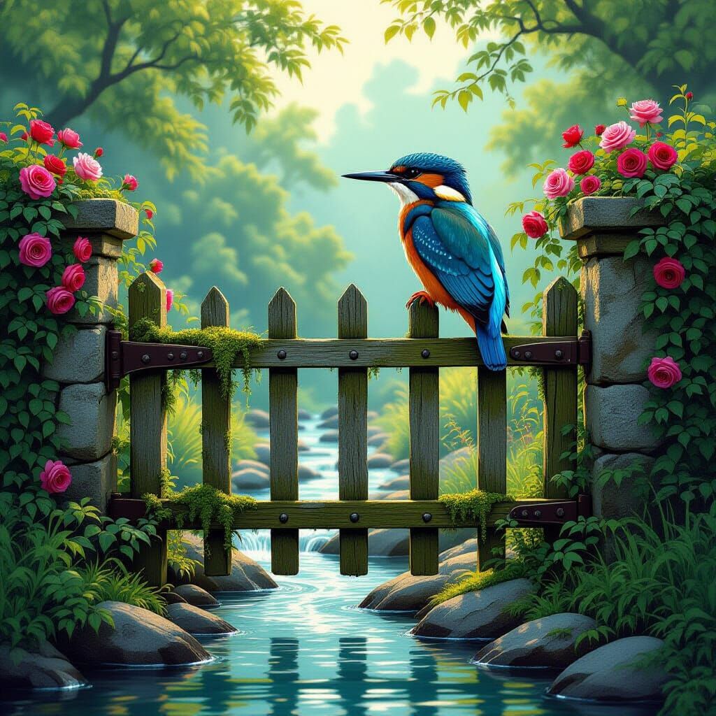 Kingfisher on Mossy Gate in Dappled Sunlight