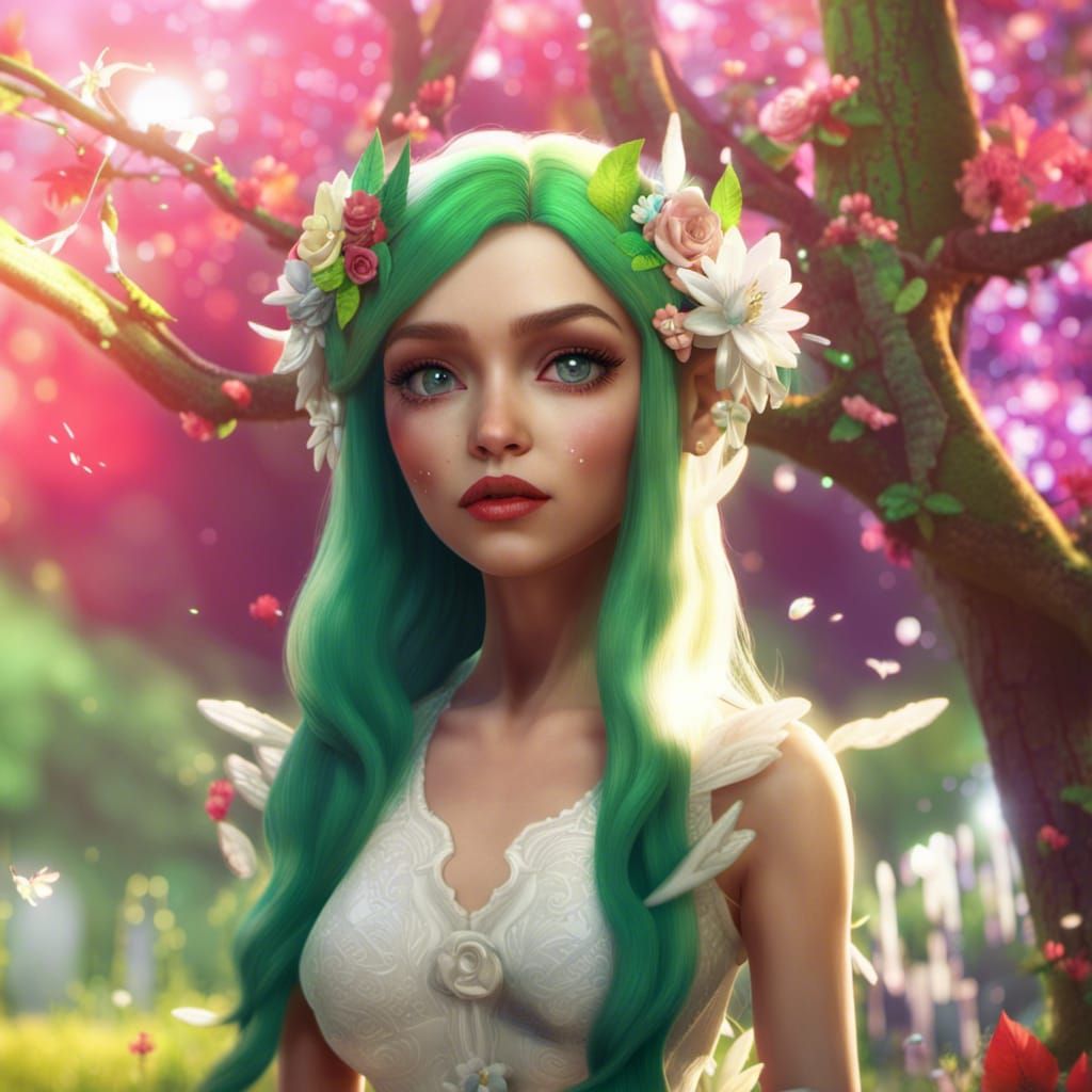Green Haired Fairy in Flower Dress, 3D Render