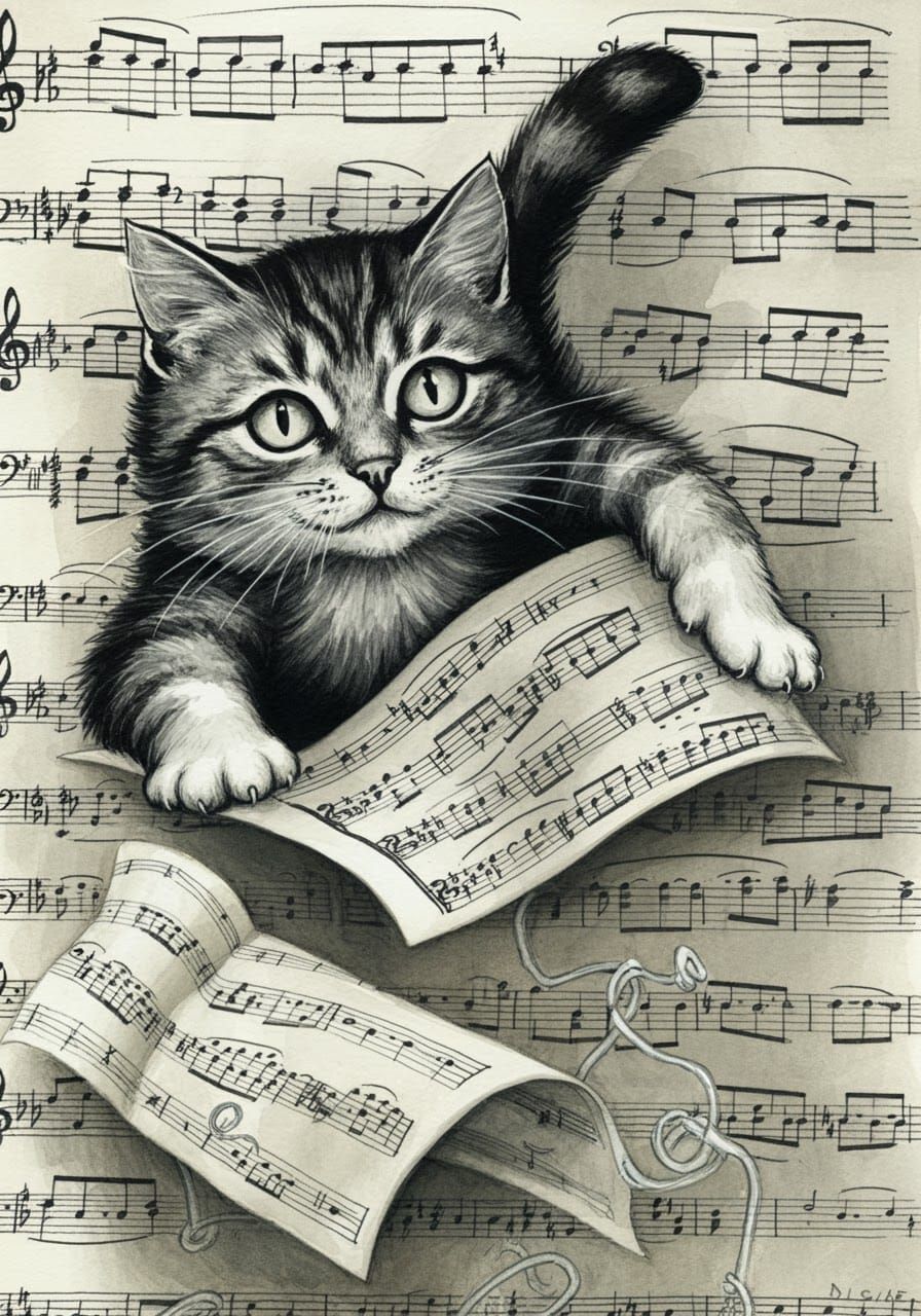Whimsical Cat Dishevels Sheet Music: Pen-and-Ink Drawing