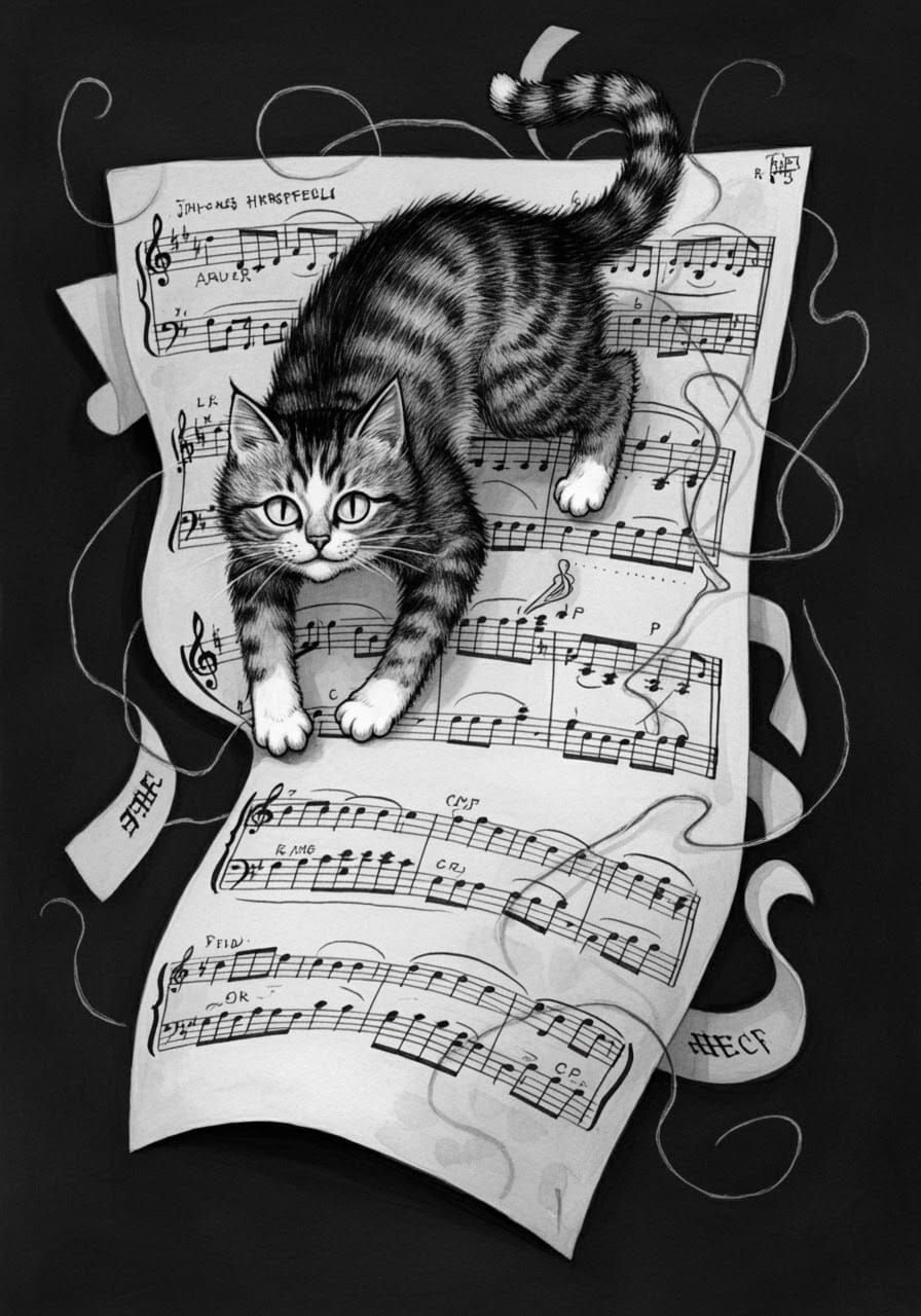 Whimsical Feline Disrupts Sheet Music in Pen and Ink Style
