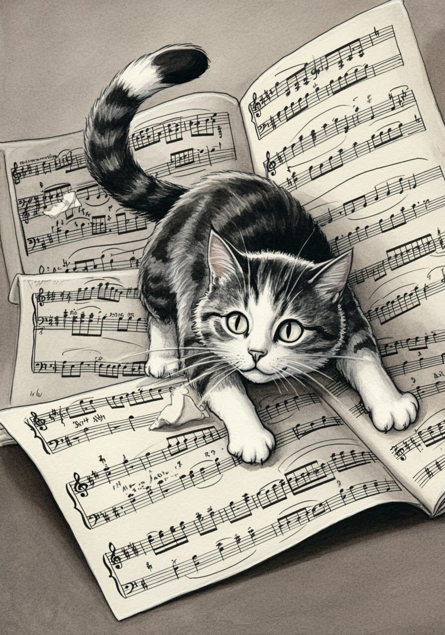 Whimsical Cat Dishevelling Sheet Music in Ink Drawing