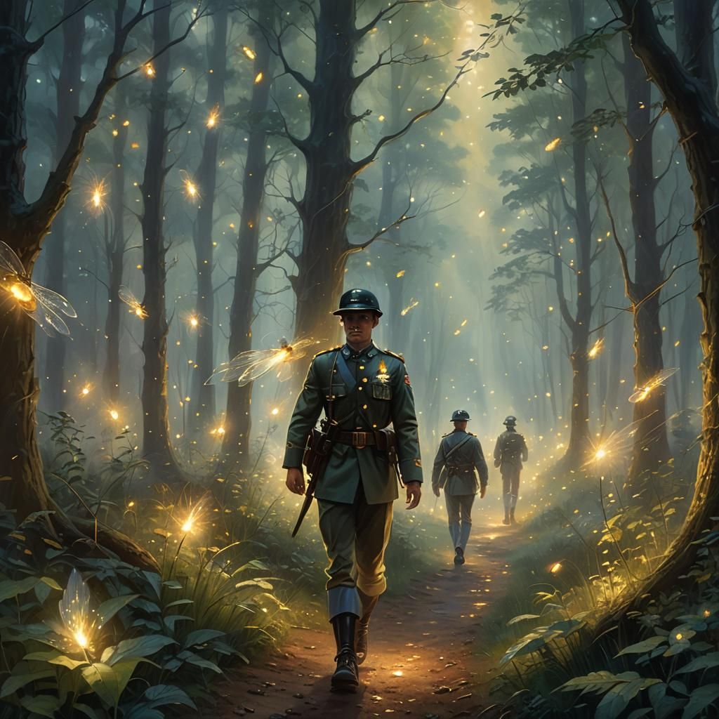 Ethereal Fireflies in Misty Forest: Kinkade Style