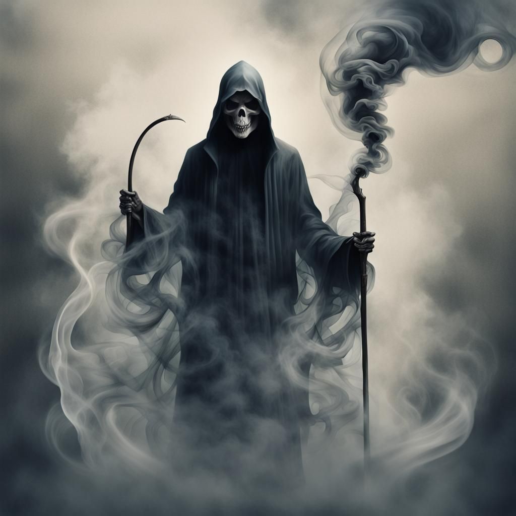 Dreamlike Grim Reaper Illustration in Smoke