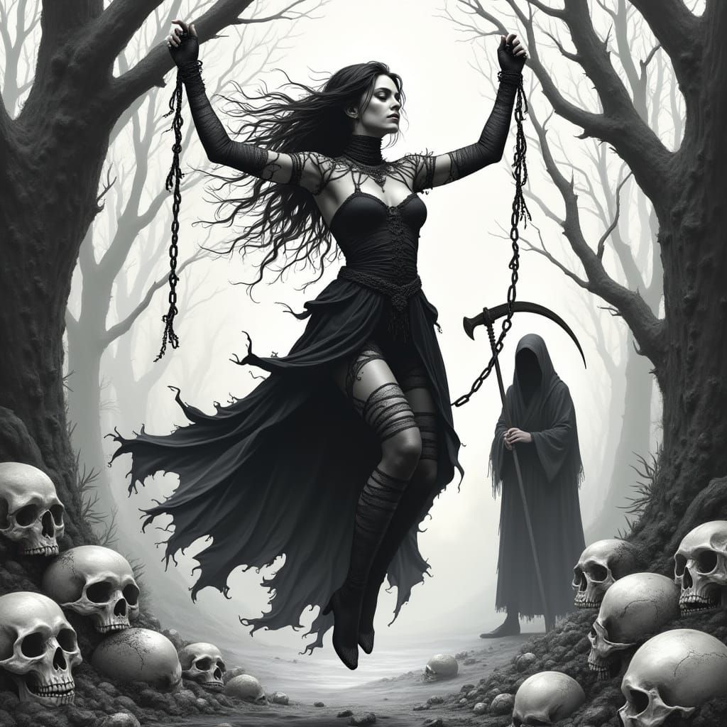Gothic Scene with Suspended Woman and Grim Reaper