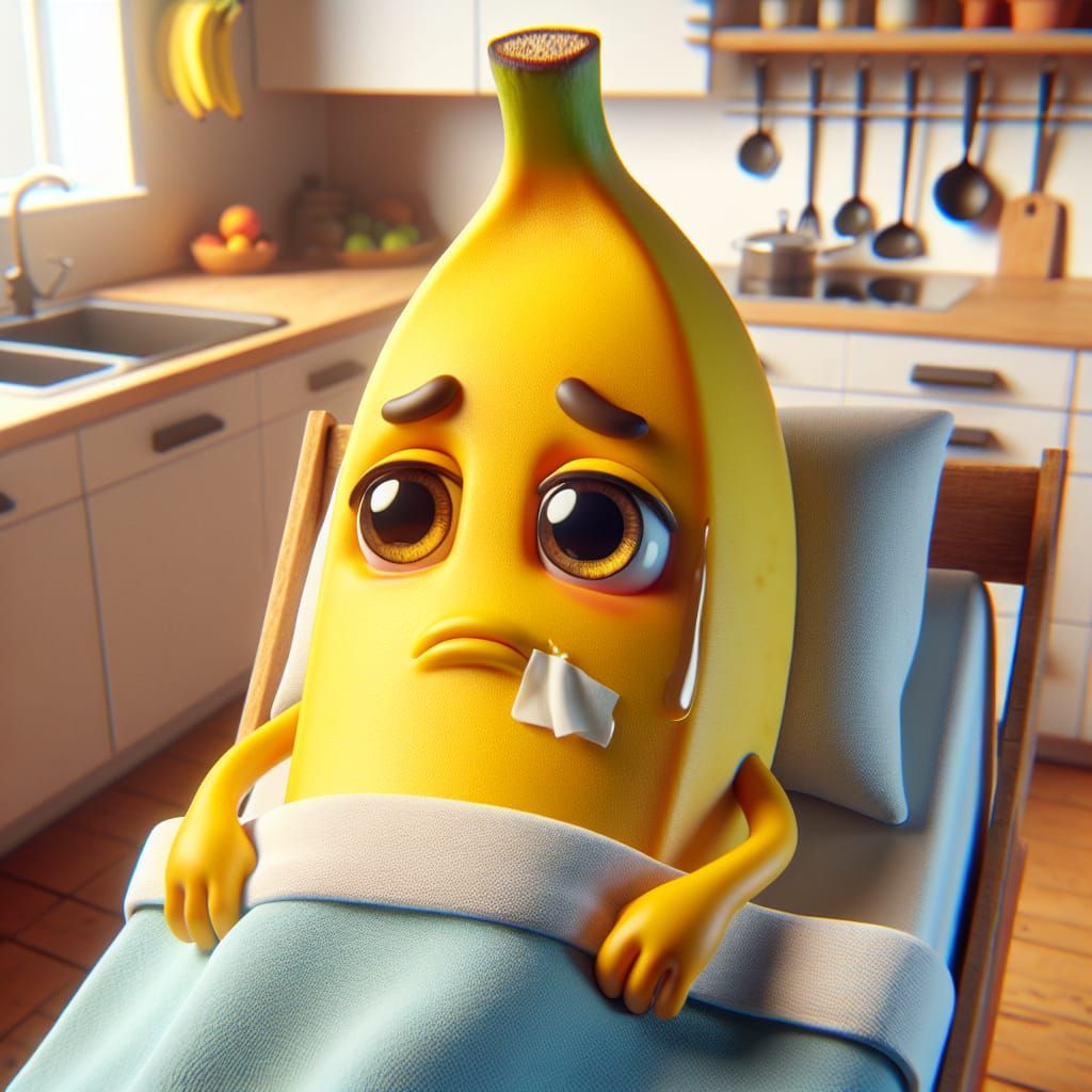 Sad Banana Character in Bed, Oil Painting Style