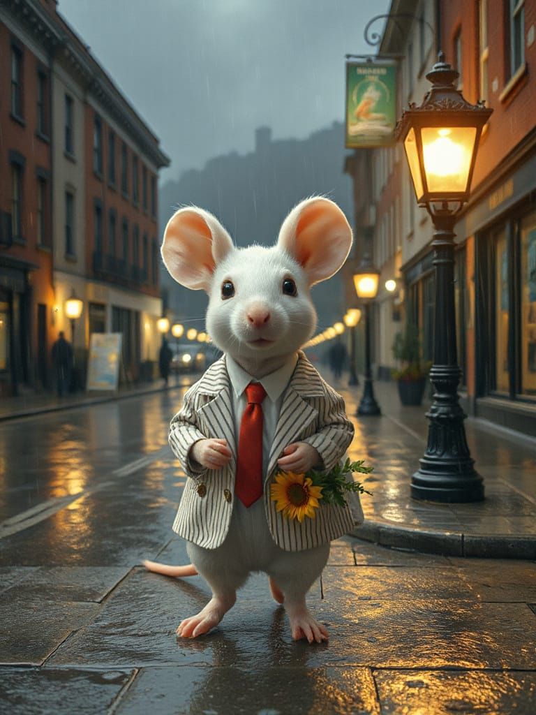 Whimsical Mouse in Pinstripe Jacket Holds Flowers on Rainy S...