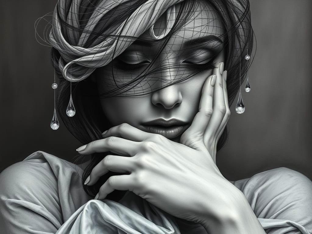 Surreal Frozen Tears in Charcoal Drawing