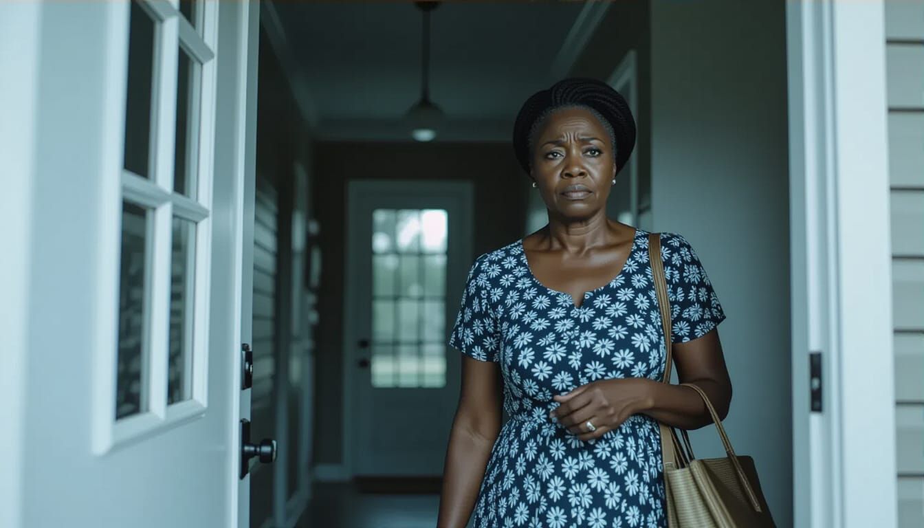 African Woman Walks Through Empty House at Dusk