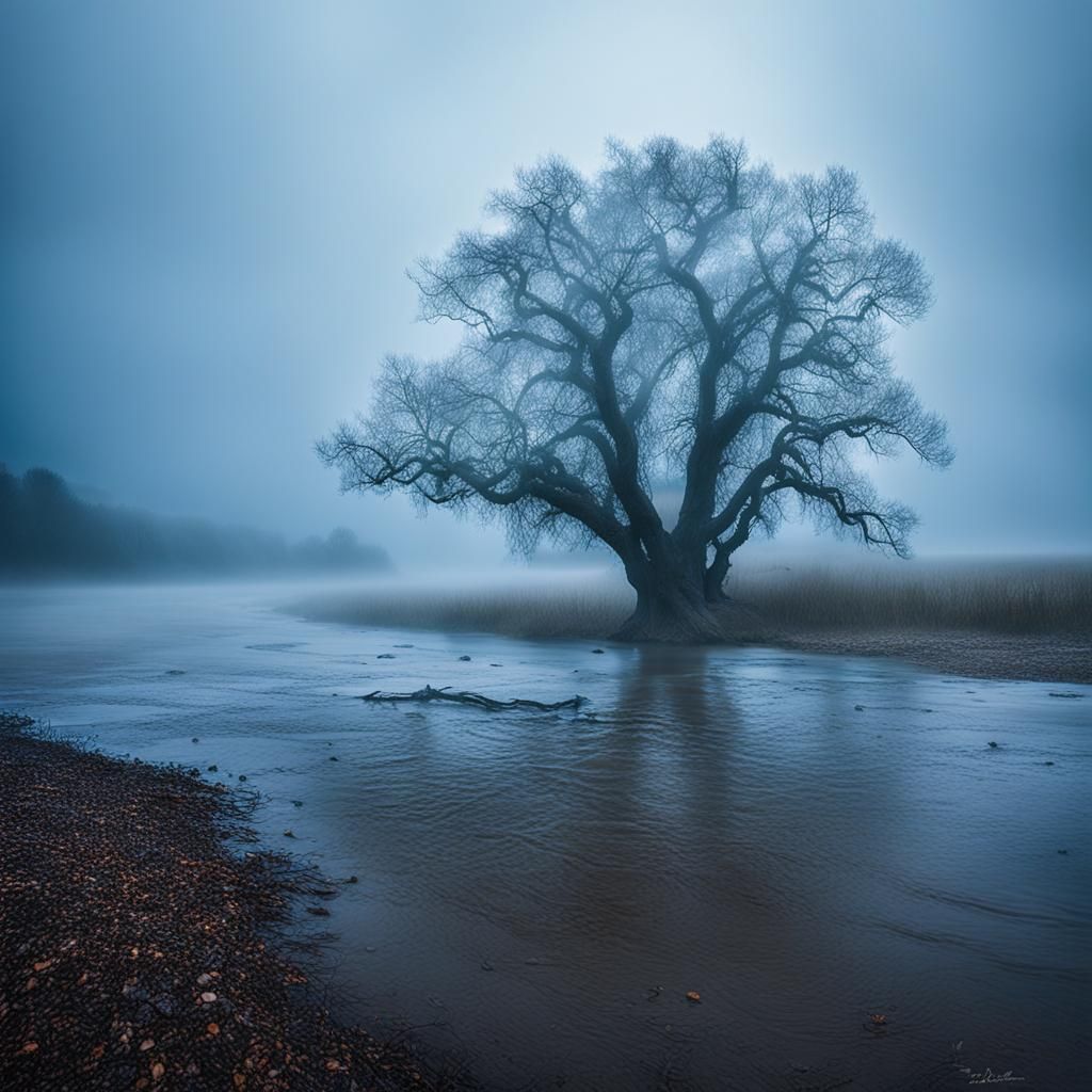 Misty River Mouth Landscape at Stormy Sea