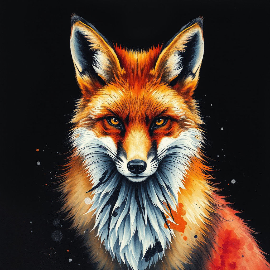 Photorealistic Fox with Watercolor and Ink Textures