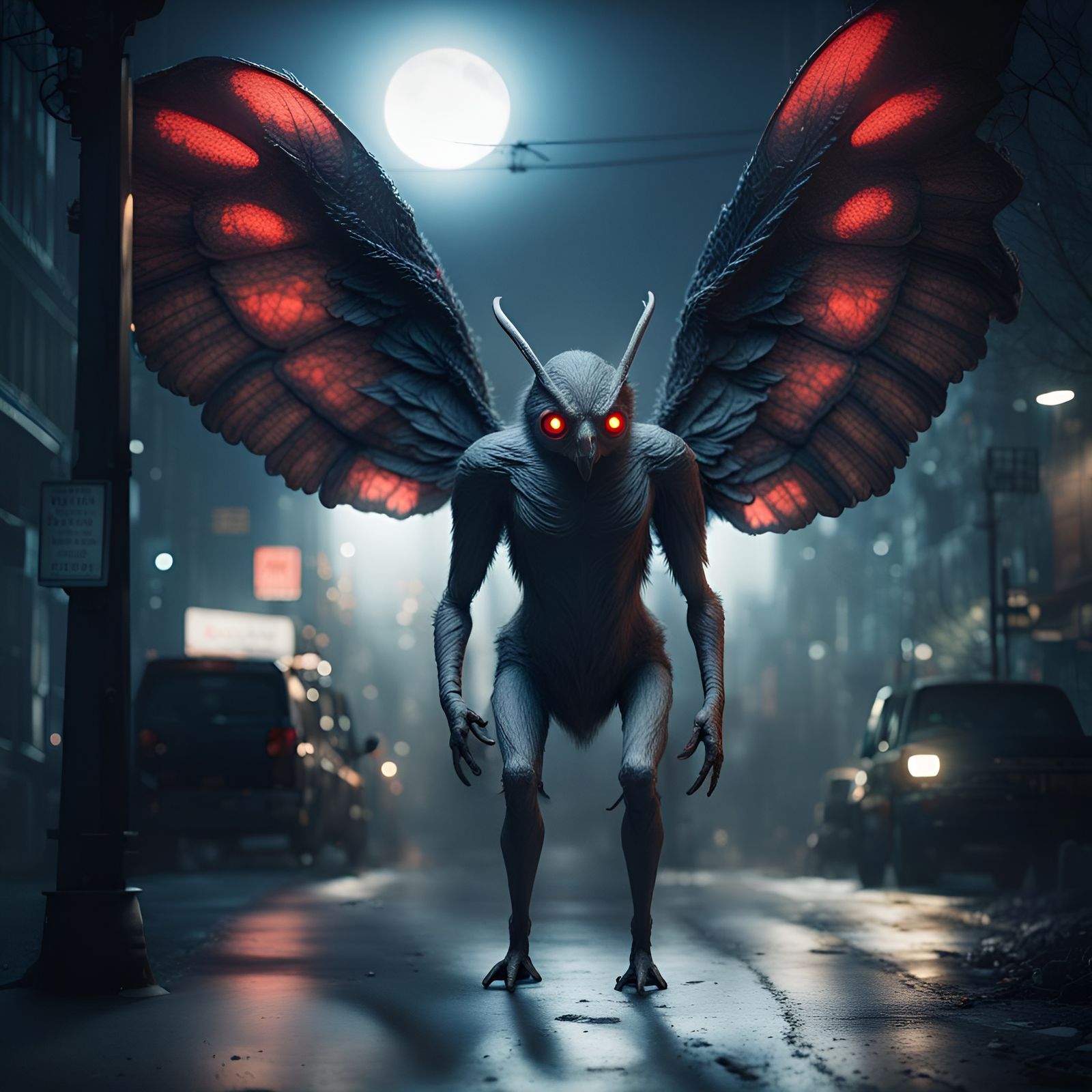 Photorealistic Mothman in Dynamic Midnight Lighting