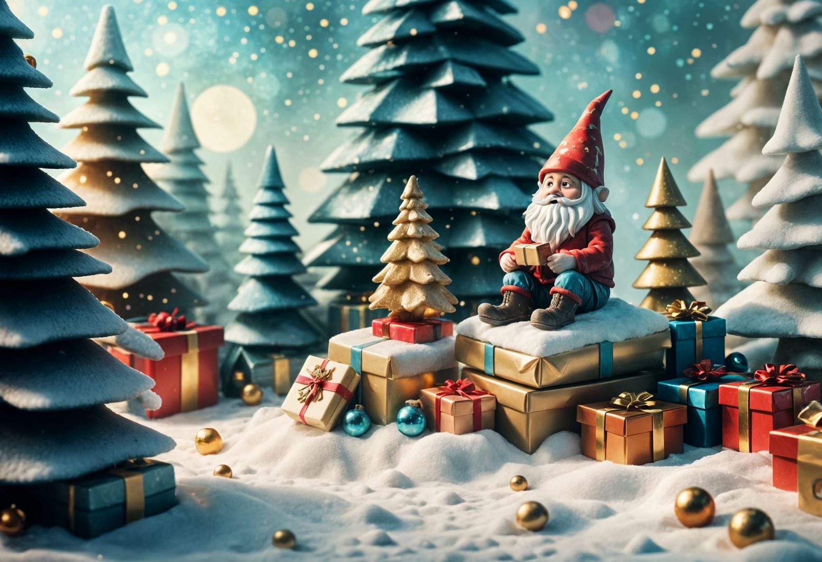 Christmas Gnome in Winter Wonderland in Gouache Style