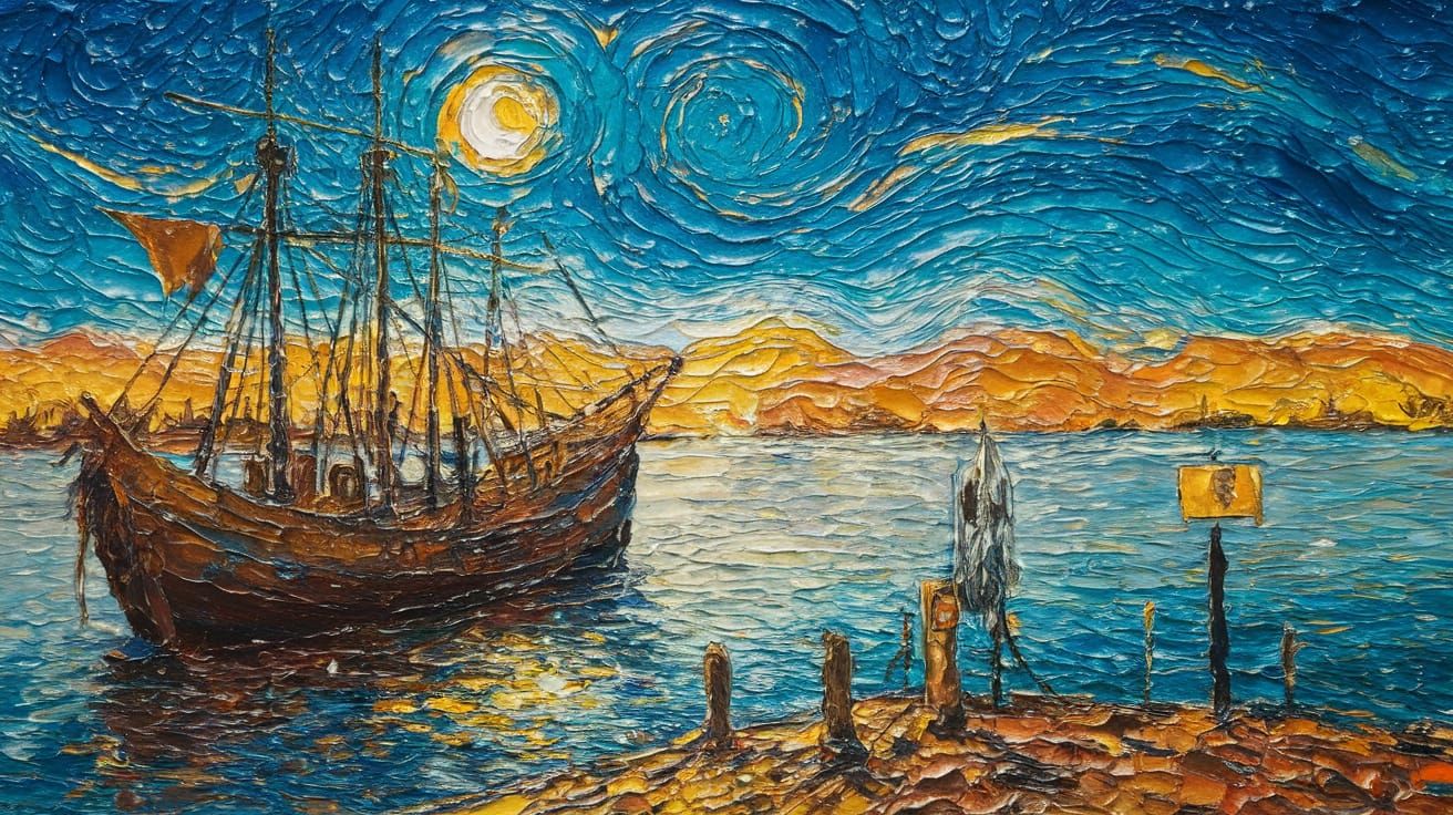 Kafkaesque Autumn Harbor Scene in Oil Painting Style