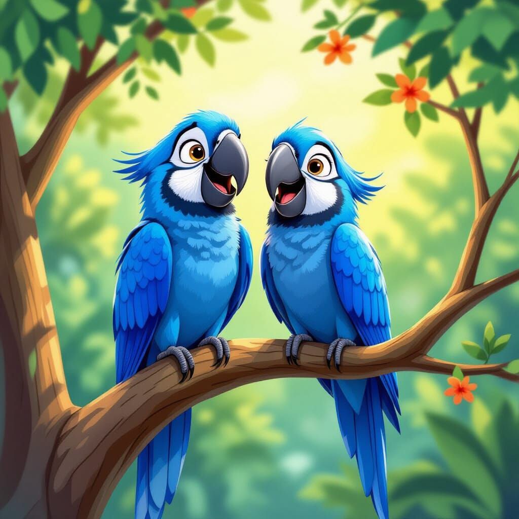 Blu and Jewel Blue Macaws Laughing in Disney Style