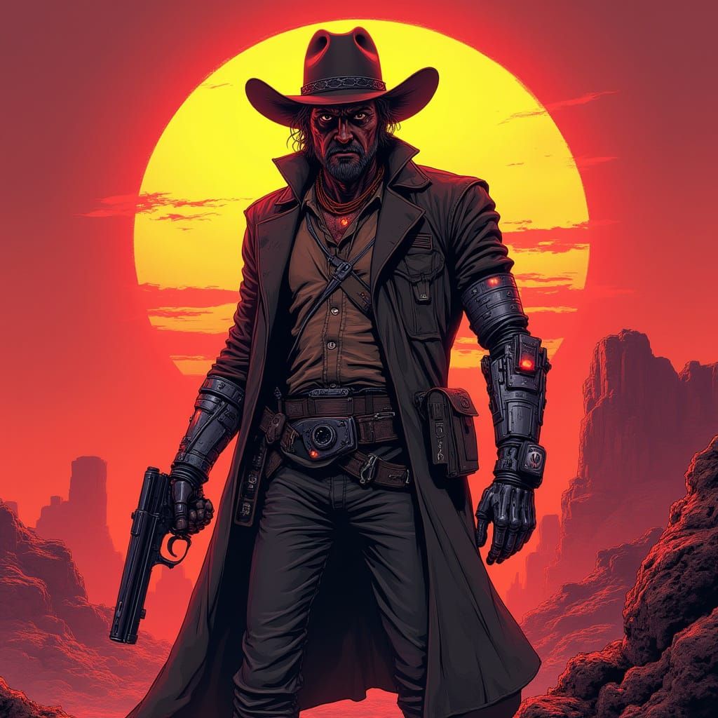 Cyborg Cowboy on Alien Planet in Sci-Fi Western Style