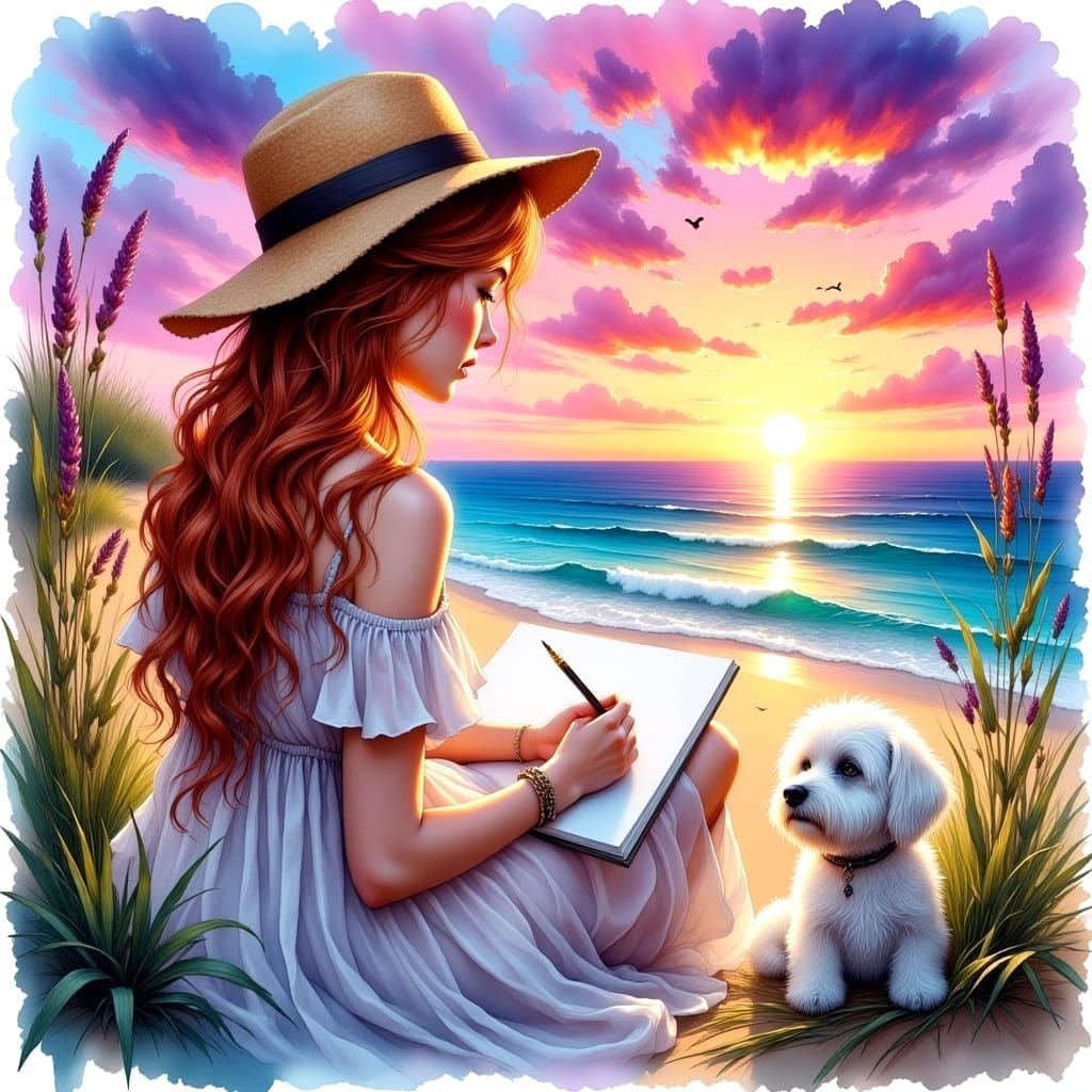 Hyperrealistic Beach Scene with Auburn-Haired Girl Sketching...