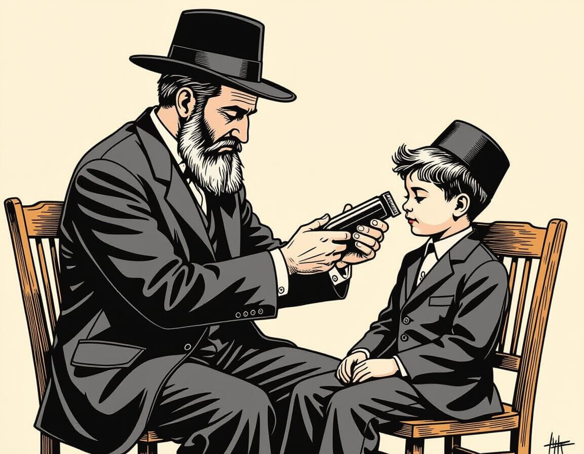 Minimalist Line Art: Father Cuts Son's Hair