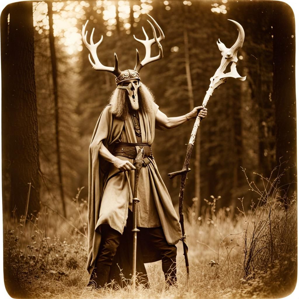 Druid with Deer Skull Mask in Sepia Photograph