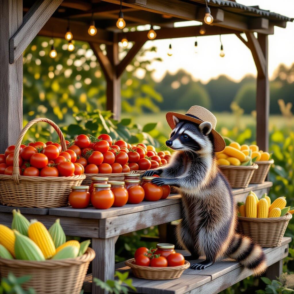 Charming Raccoon's Rustic Farm Stand at Dusk