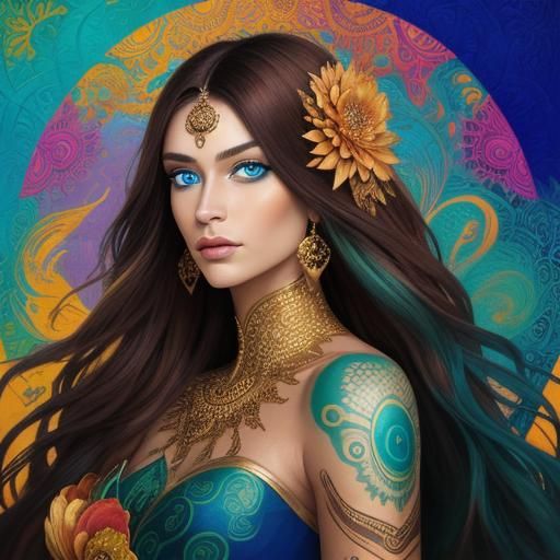 Dragon Peacock Woman Portrait in Mixed Media