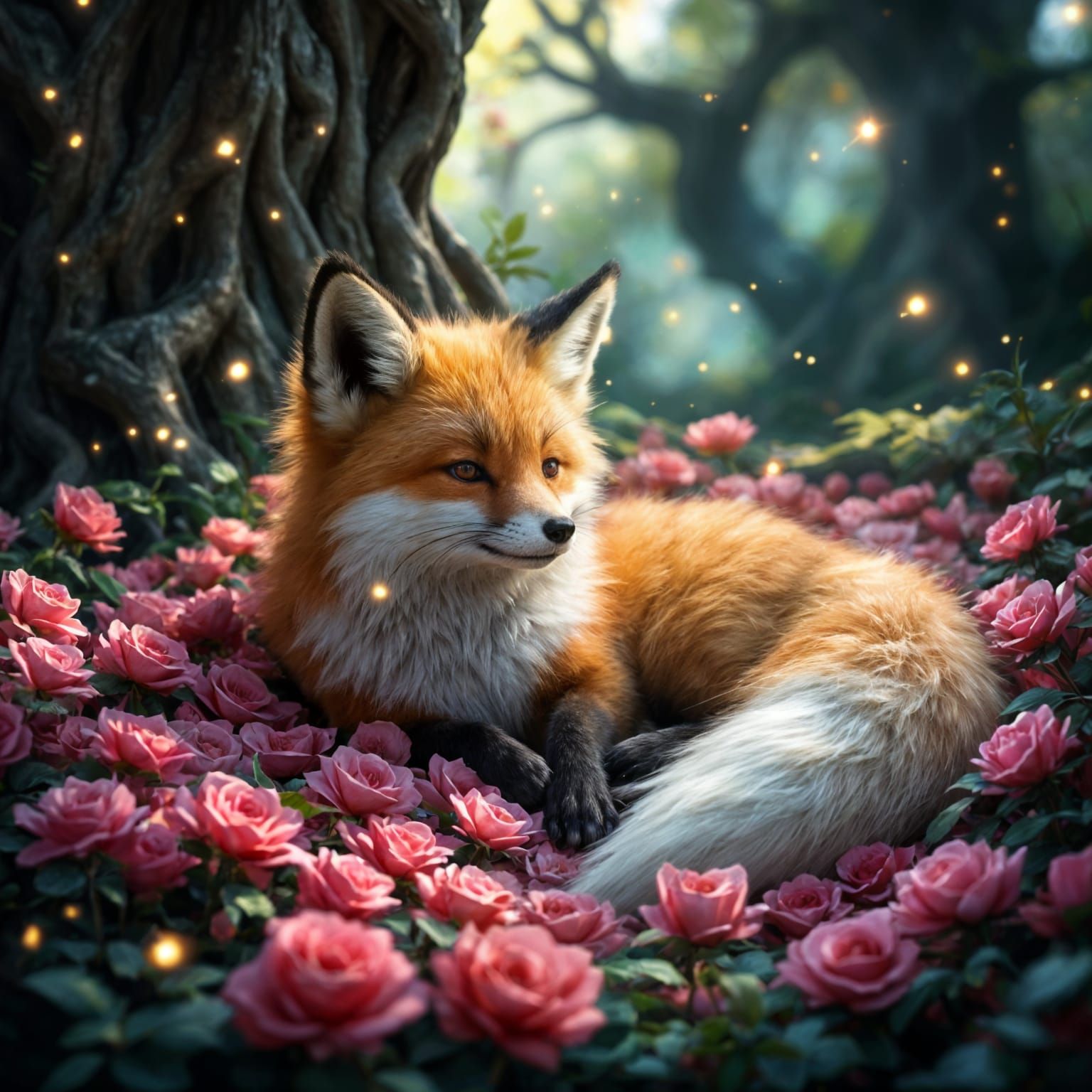 Whimsical Fox Enscounced in Vibrant Floral Sanctuary