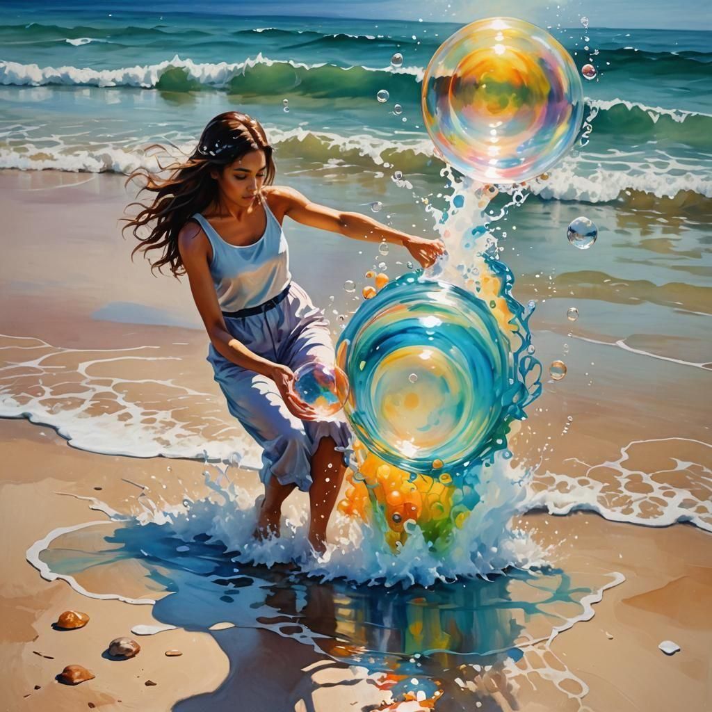 Magical Girl Creates Water Bubble: Oil and Watercolor