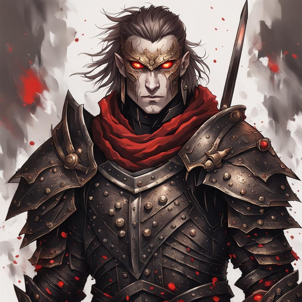 Warrior in Black Metal Armor with Red Eyes