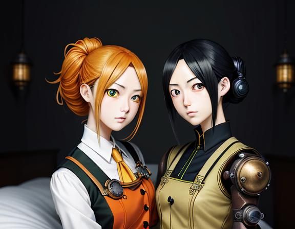 Kemono Twin Sisters Kissing in Steampunk Manga Style