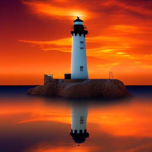 Twilight Seascape: Lighthouse, Boats and Fishermen