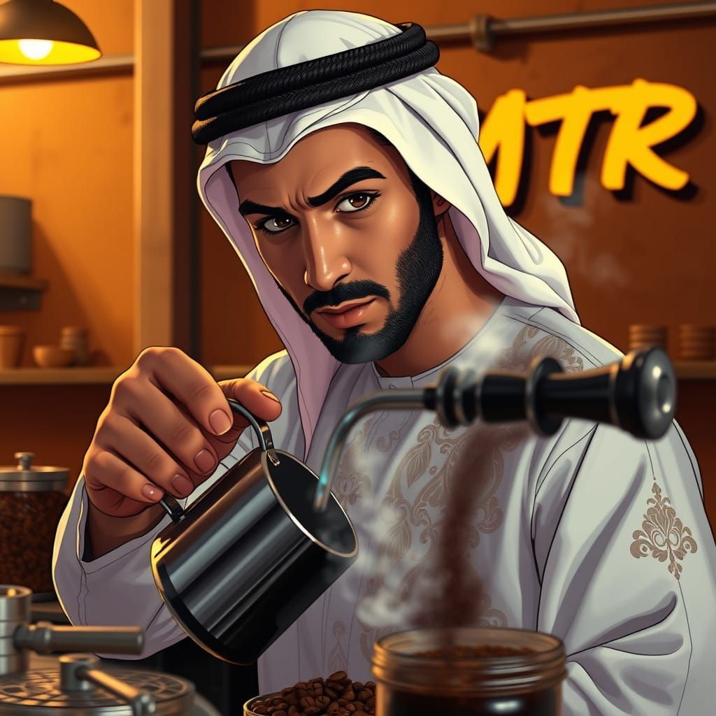 Strong Jawline Man in Coffee Factory with DMTR Graffiti