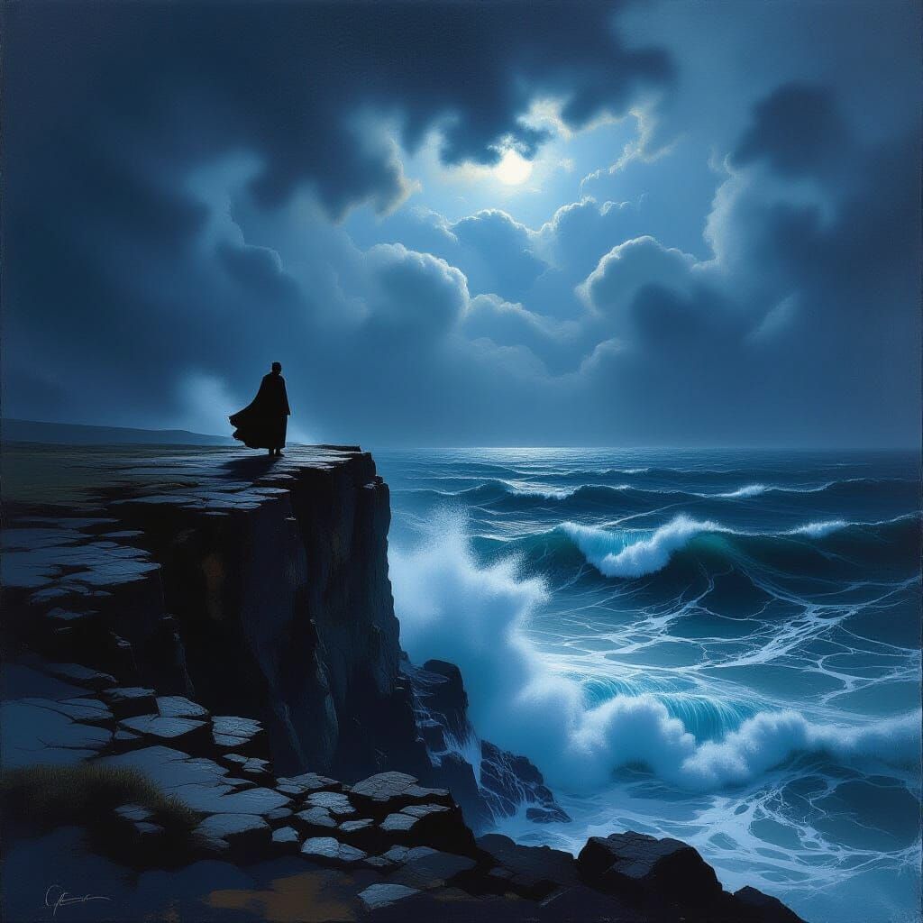 Solitary Figure on Windswept Cliff Overlooking Turbulent Sea