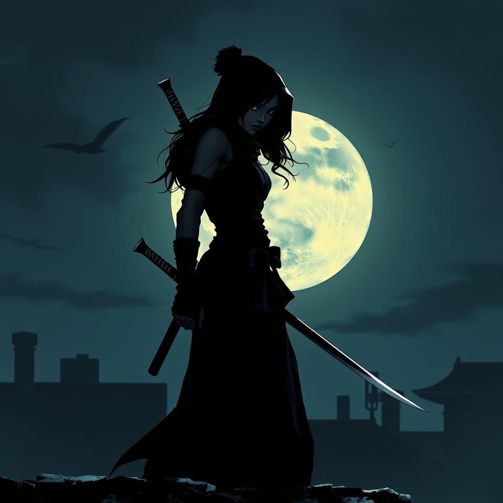 Kunoichi Ninja on Moonlit Rooftop in Noir Style
