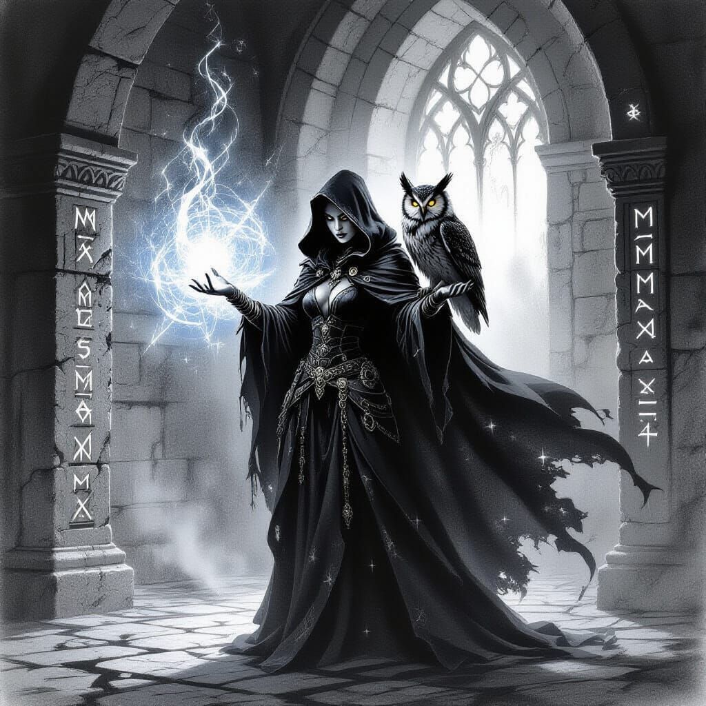 Sorceress Conjuring Energy with Spectral Owl Familiar