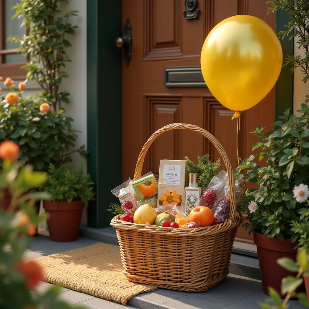 Gift Basket with Birthday Balloon in Photorealistic Style