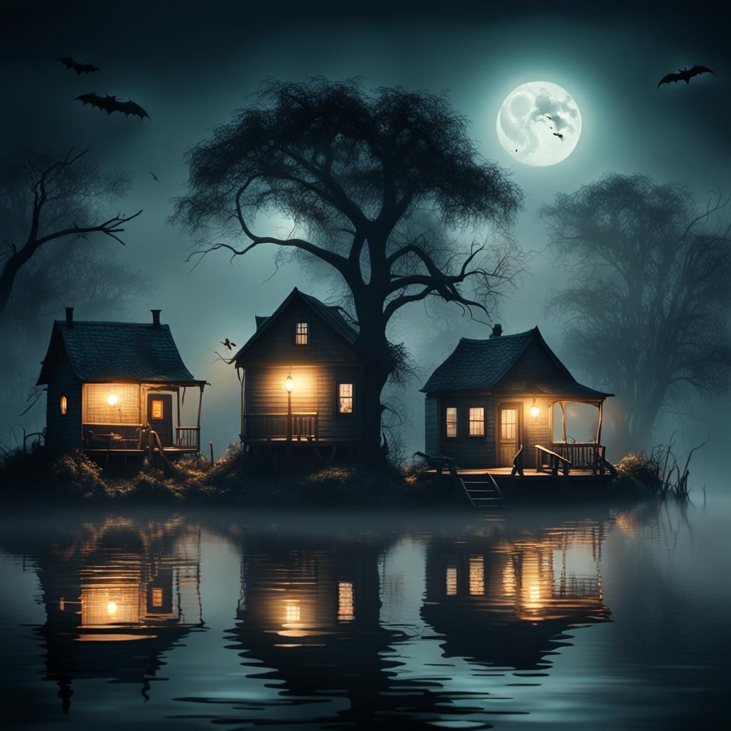 Eerie Bayou Night Scene with Lanterns and Fog