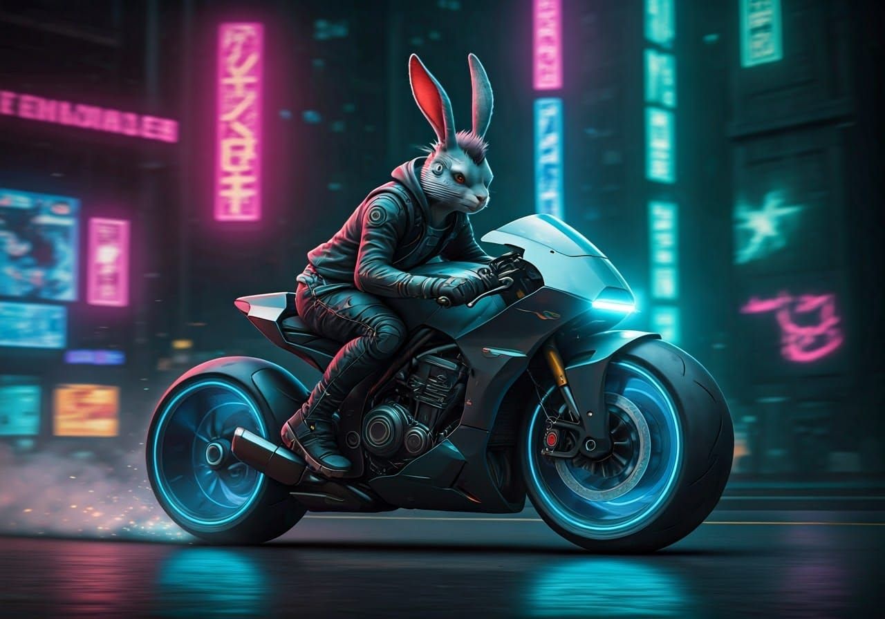 Cyberpunk Rabbit Races Hovering Motorcycle in Neon Tokyo