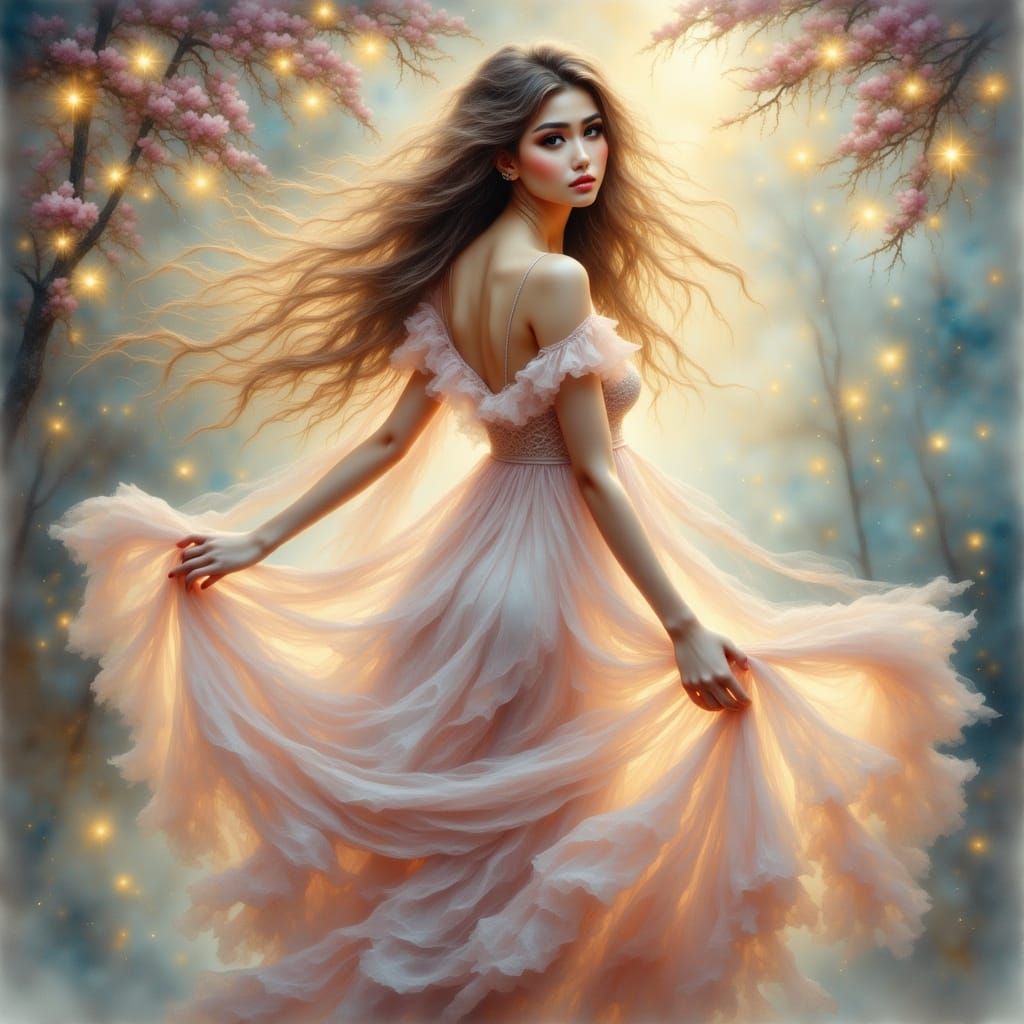 Whimsical Woman in Flowing Dress with Fairy Lights