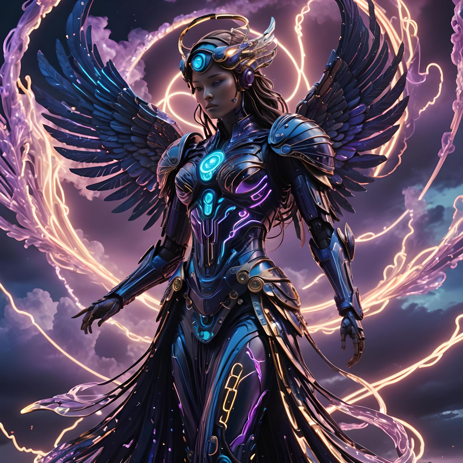 Cybernetic Angels Fly Over Jupiter, Detailed Matte Painting