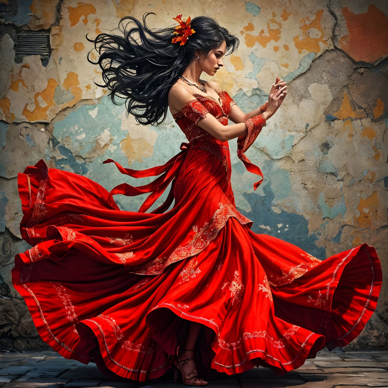 Flamenco Dancer: Street Art Mural in Red Dress
