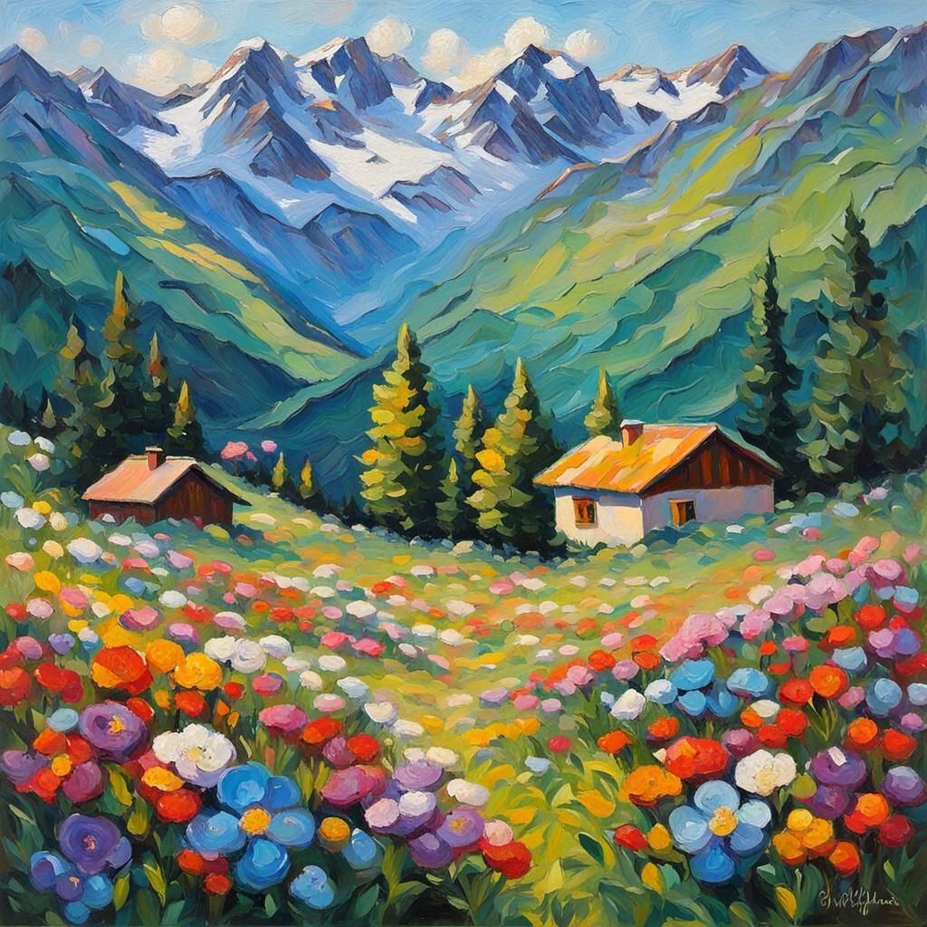 Swiss Alps: Neo-Impressionist Oil Painting