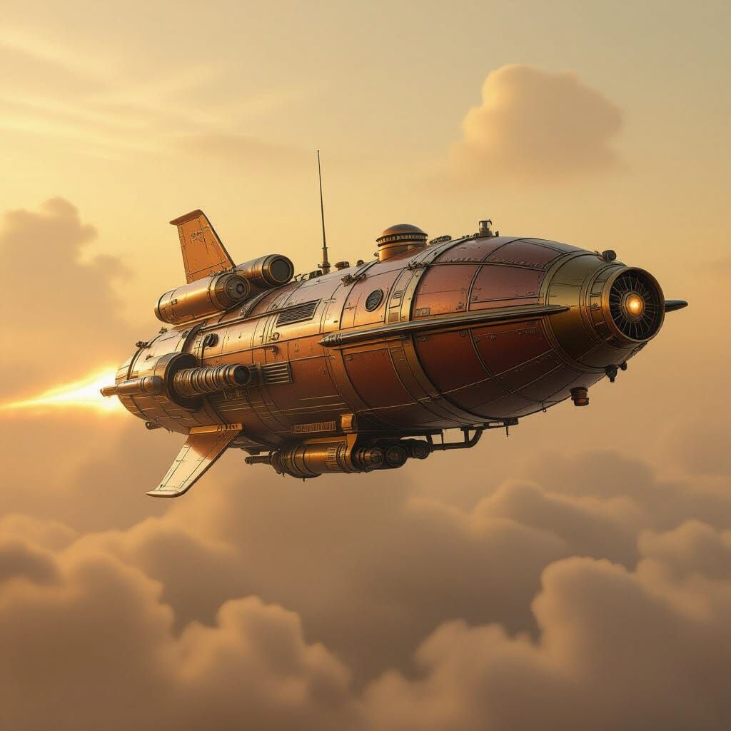 Steampunk Spaceship Soaring in Sepia Tones