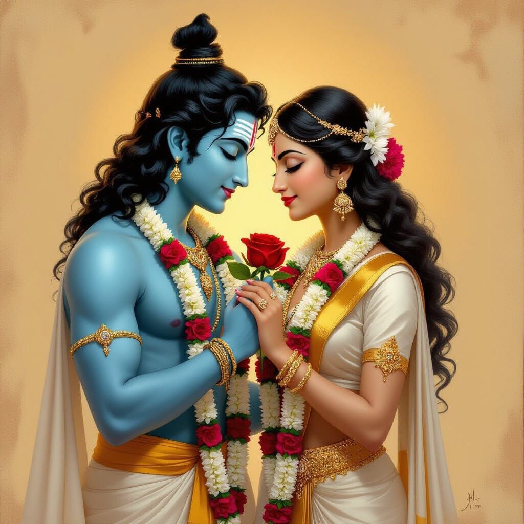 Divine Deities in Sacred Embrace with Rose