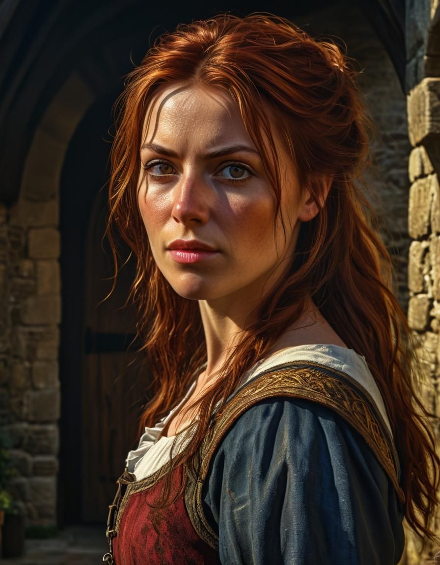 Auburn-Haired Woman in Medieval Village Oil Painting