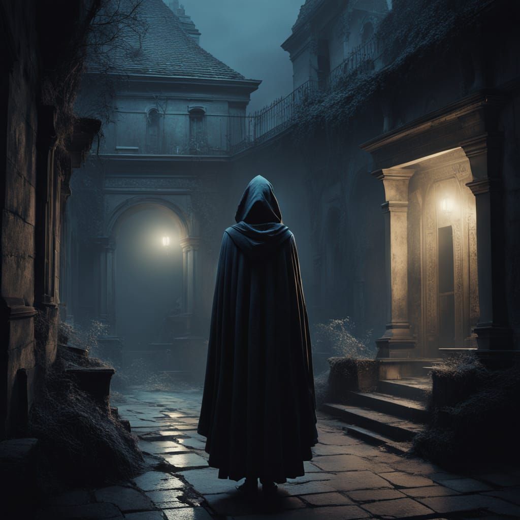 Surreal Ancient Lady Wanders in Moonlit Courtyard