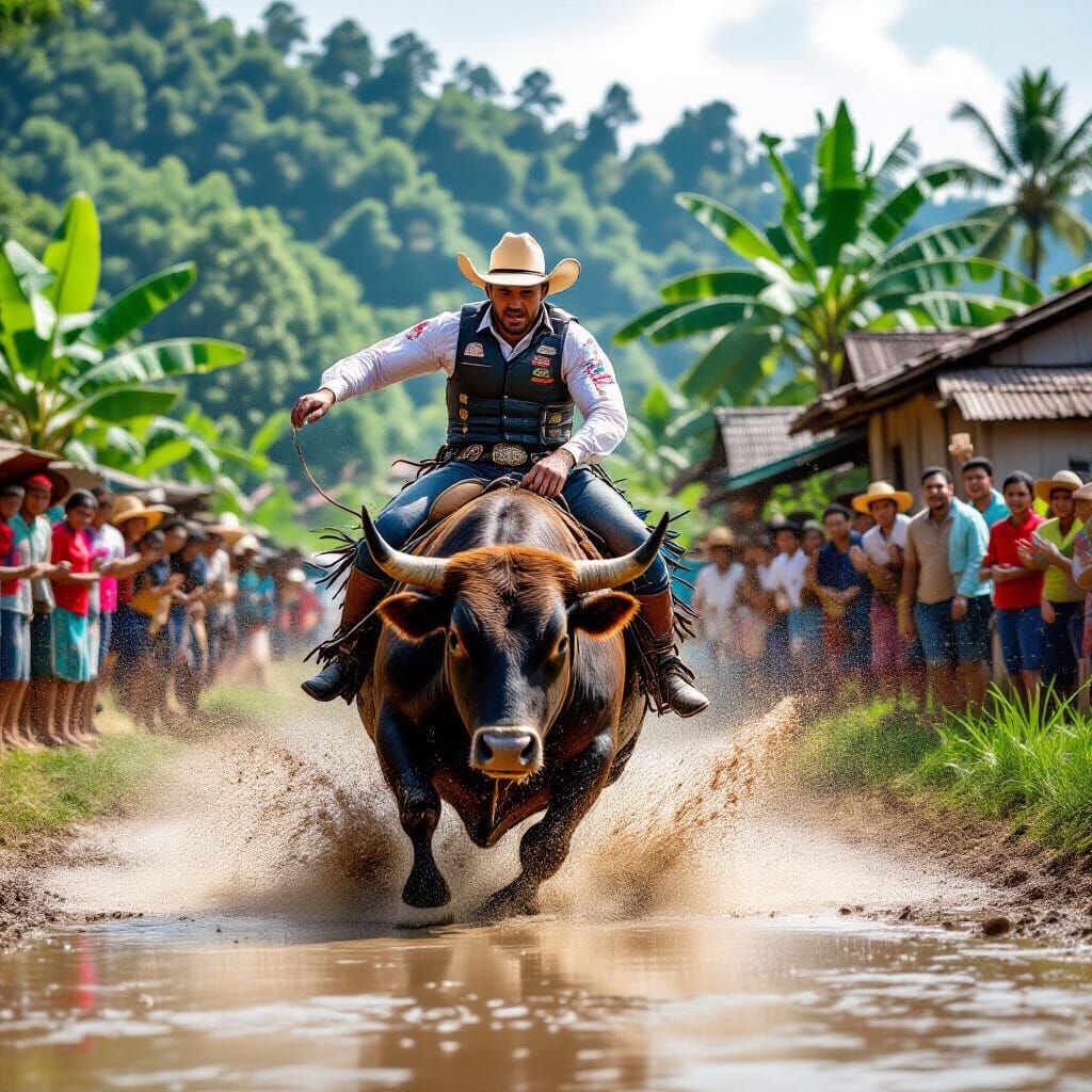 Bull Rider Charges Through Flooded Paddy Field