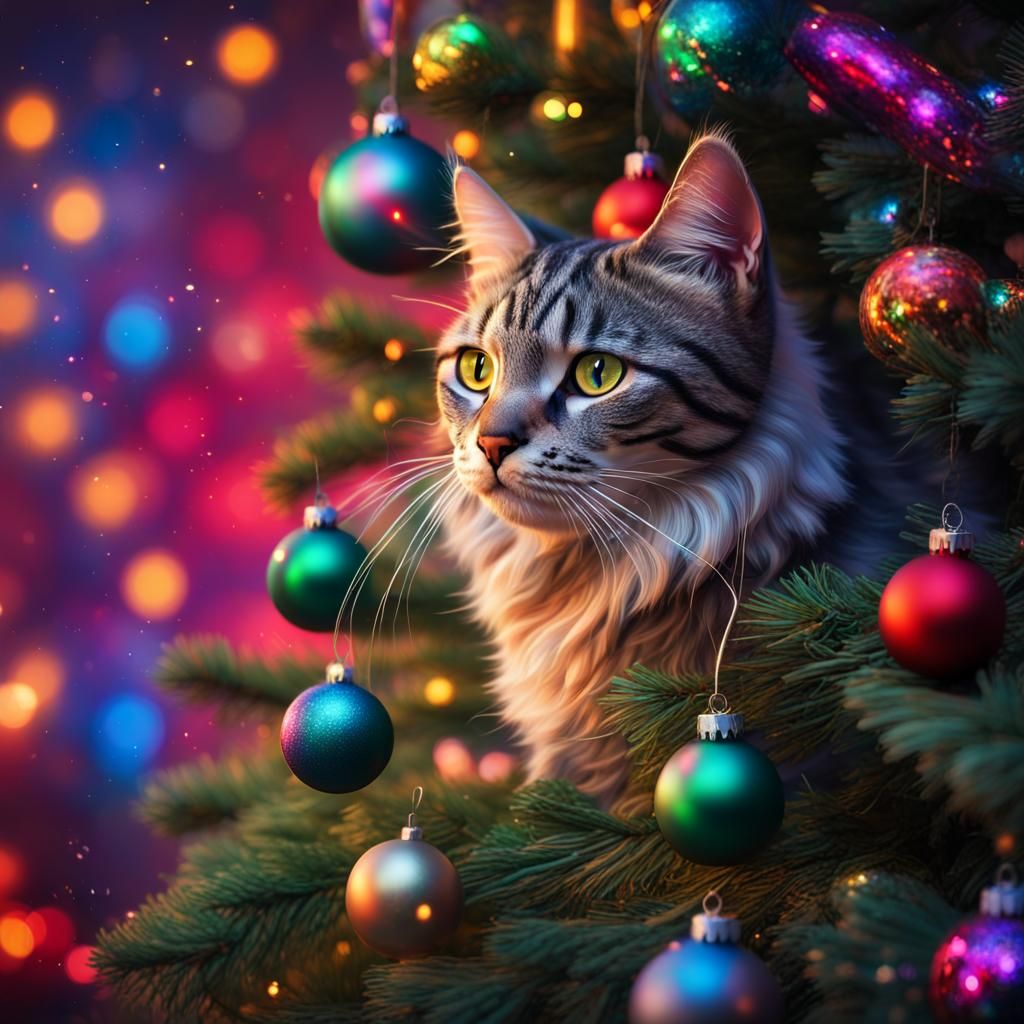 Cat Plots Christmas Tree Attack: Hyperrealistic Splash Art