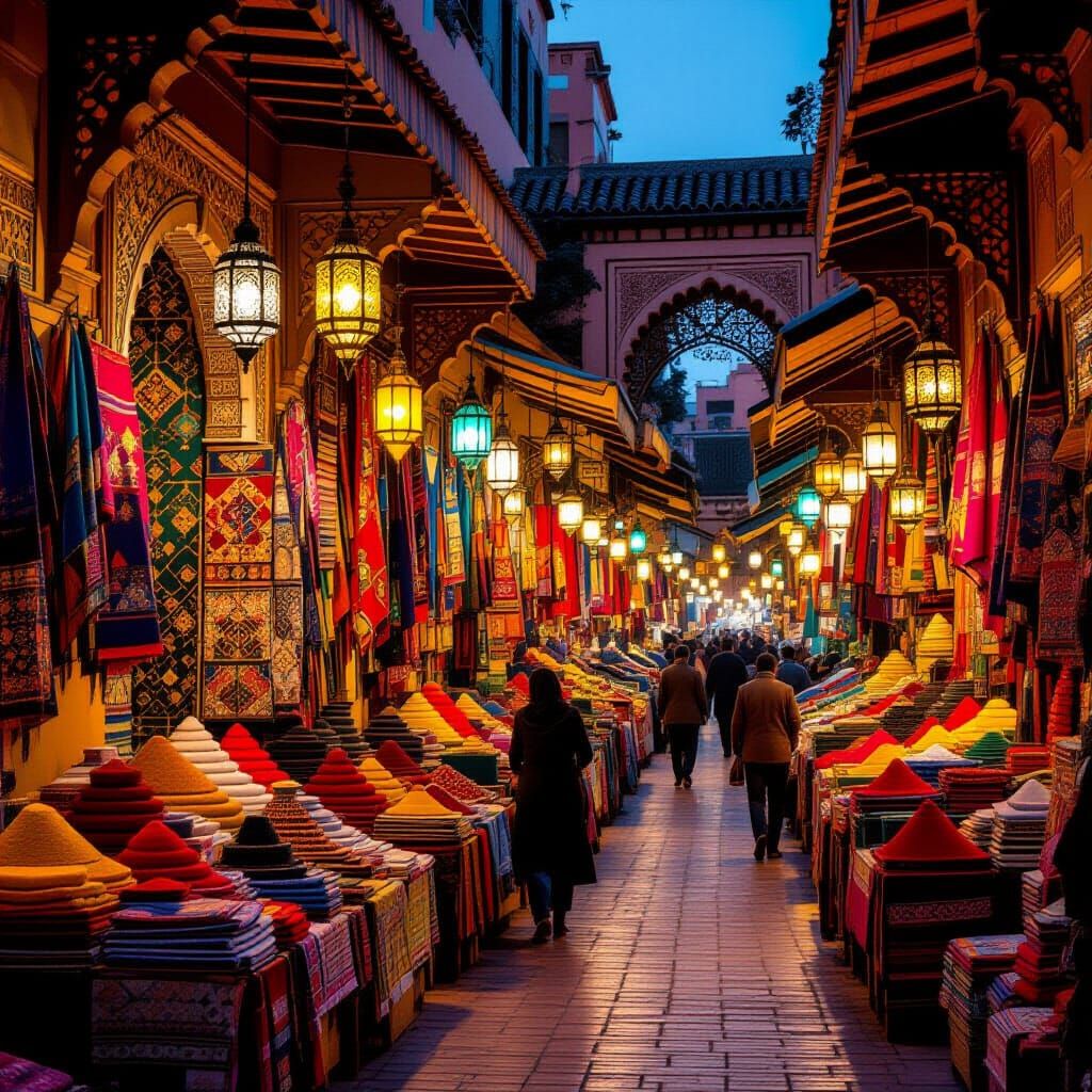 Marrakech Souk at Dusk: Vibrant Stalls and Lantern Light
