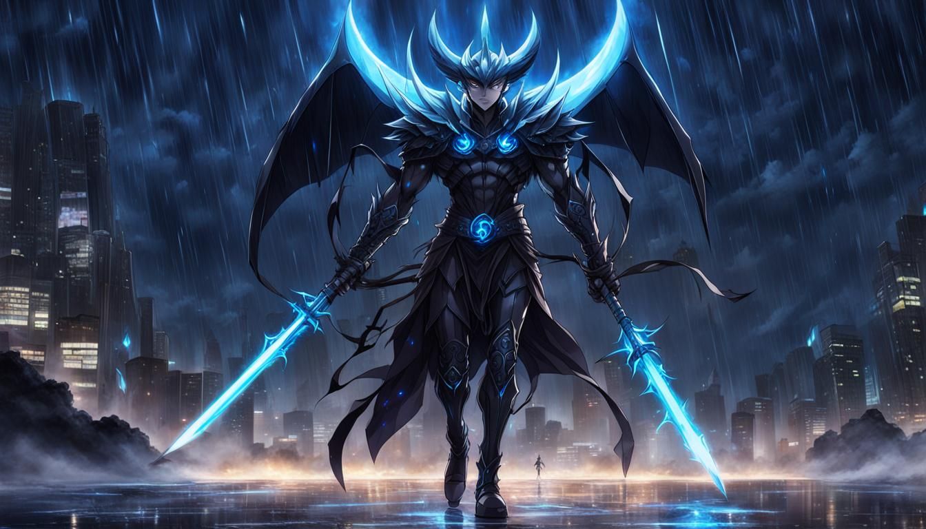 Anime Demon with Spears in Rainy Night Scene
